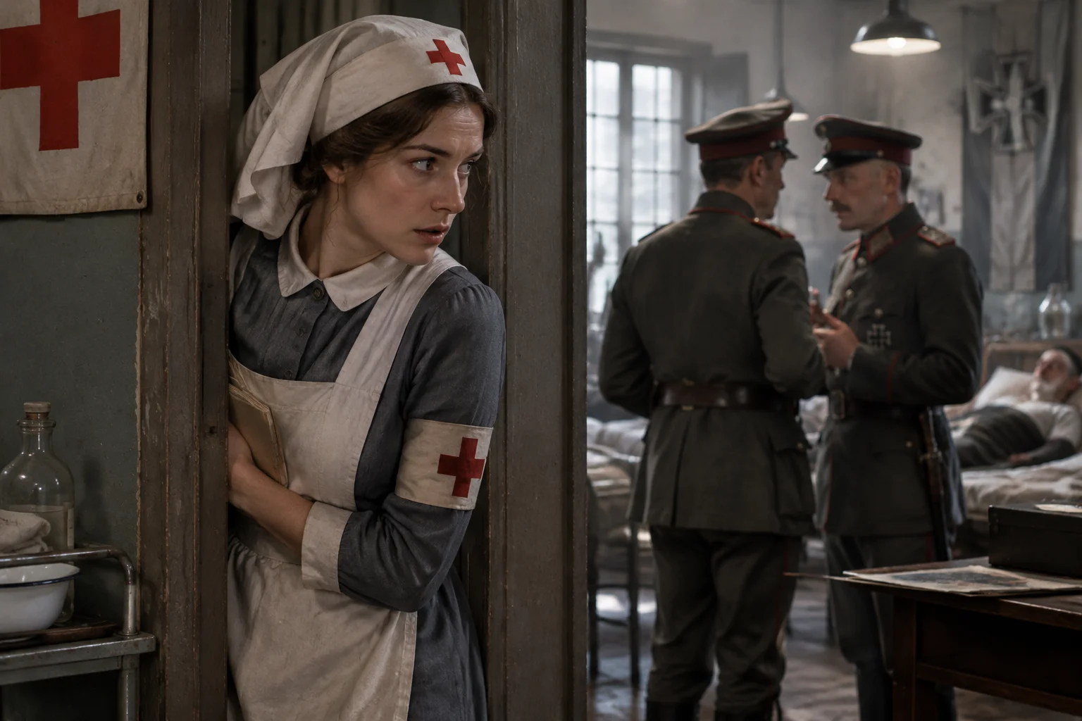 A Belgian nurse in a German military hospital, subtly listening to a conversation, WWI spy setting, safe for work.