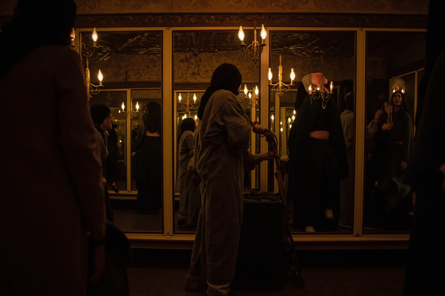 A Belle Époque Parisian theater dressing room with mirrors and costumes, warm gaslight, no people visible.