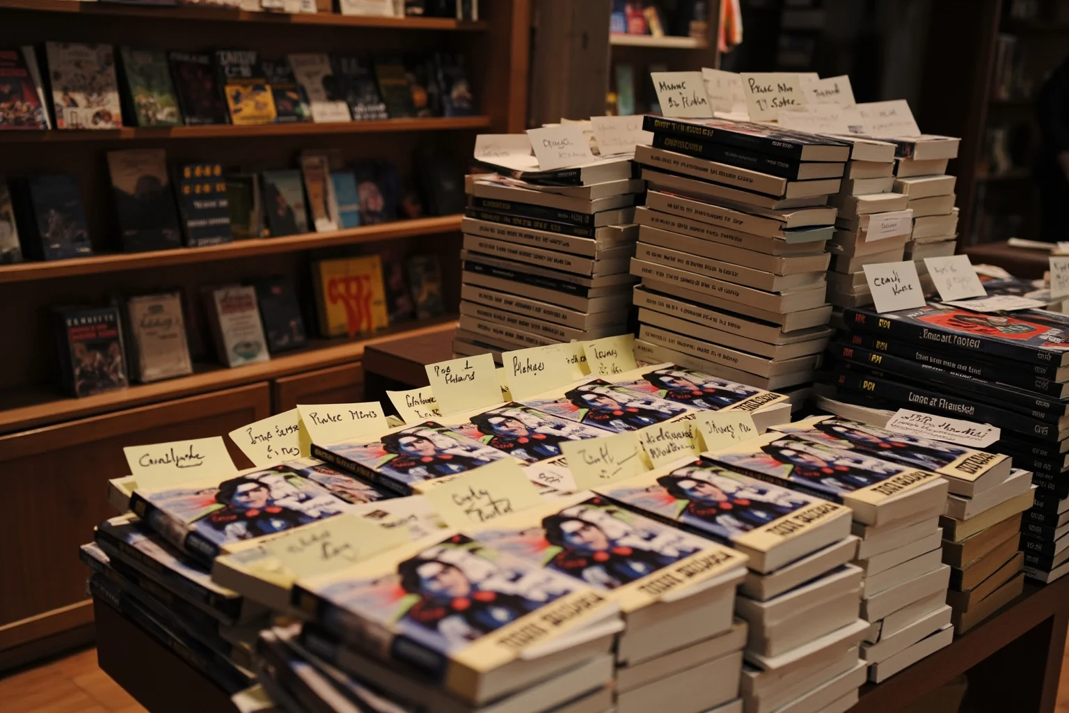 A bookstore table display from 1999 stacked with paperback technology and prophecy books, handwritten price cards, warm shop lighting