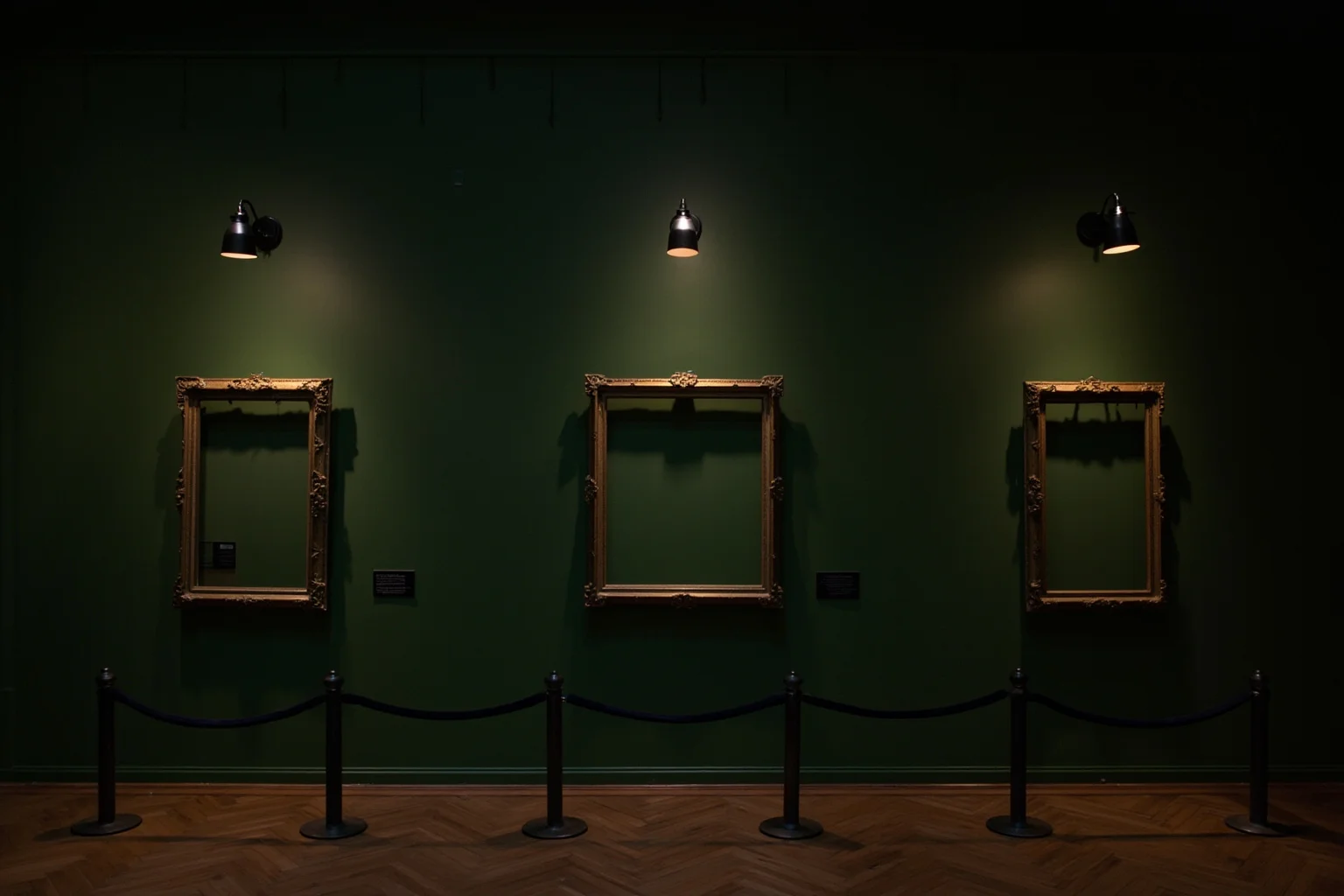 22 Famous Paintings That Were Stolen — Including 10 That Were Never Recovered 14 A Boston museum's dark green Dutch room with three ornate empty frames hanging in a row, velvet ropes and warm lamplight, elegant and unsettling.