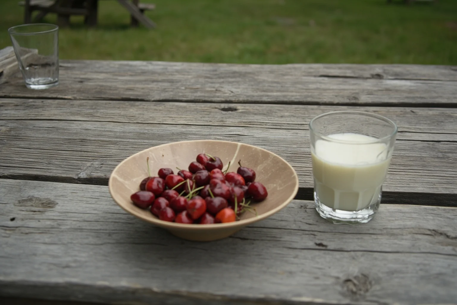 A bowl of cherries and a glass of milk on a weathered wooden table outdoors, 19th-century picnic setting, no people.