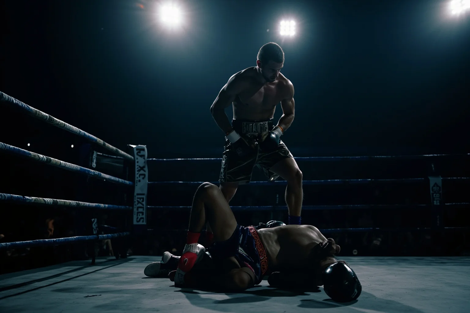 The Greatest Underdog Stories in History: 20 Unlikely Wins That Still Inspire 9 A boxing ring at night with one boxer standing over a fallen opponent, dramatic spotlights, no recognizable faces.