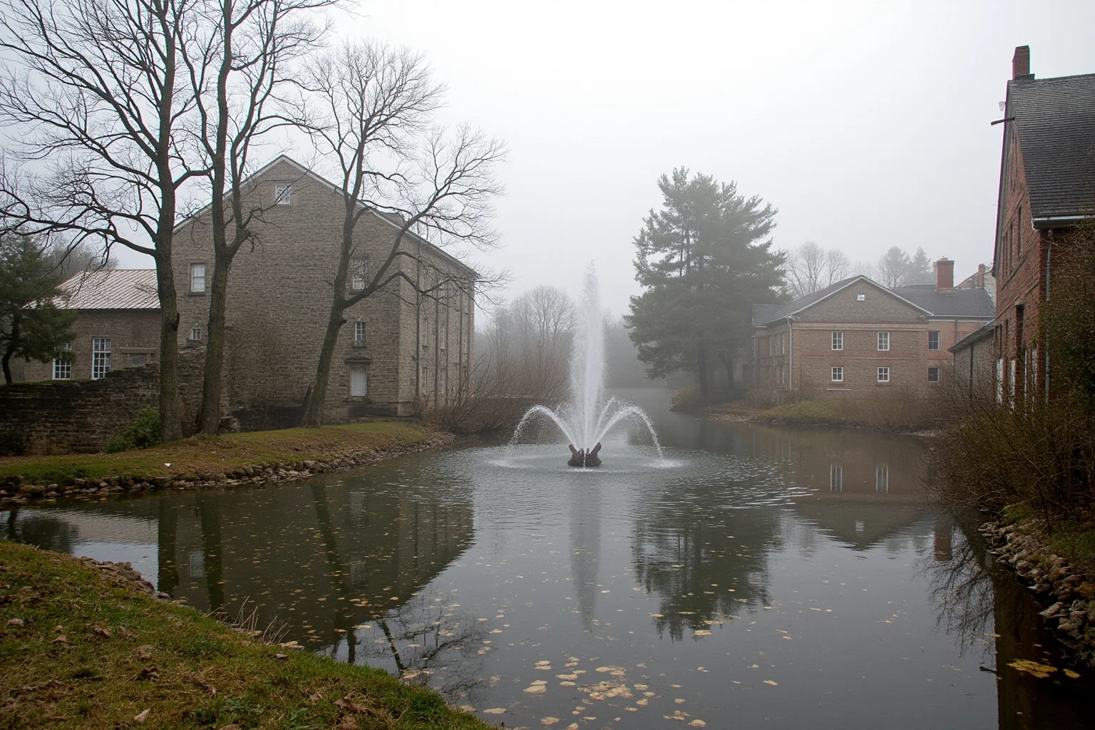 Old Money: 24 Hidden Dynasties That Shaped the Course of History 23 A Brandywine River gunpowder mill complex beside formal gardens with a fountain, historic stone buildings and low mist, no people, landscape photography.