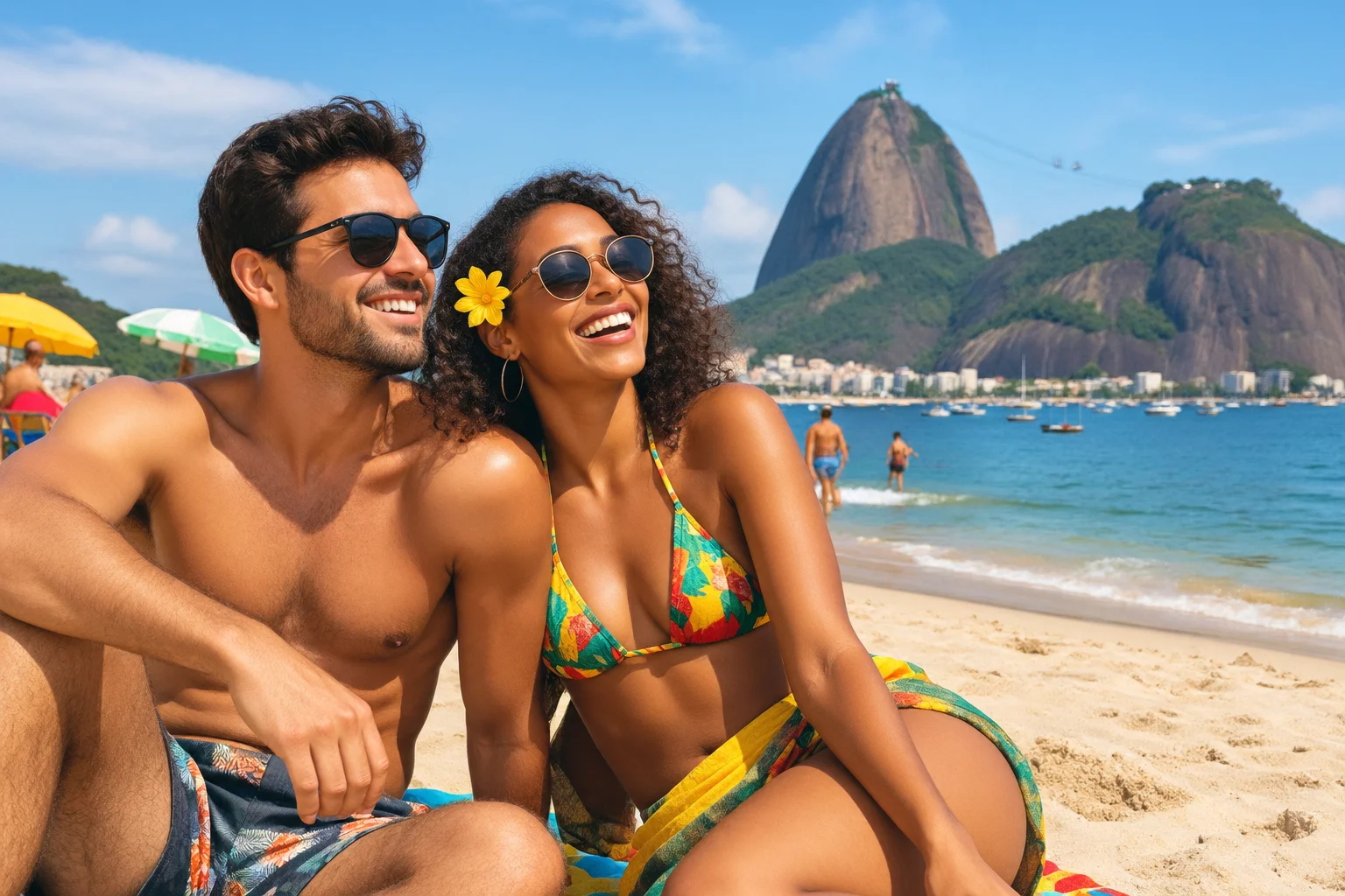 When Did Honeymoons Become A Normal Part Of Getting Married? 11 A Brazilian couple relaxing on a beach in Rio de Janeiro, Sugarloaf Mountain in the background, vibrant and festive, travel photography style.