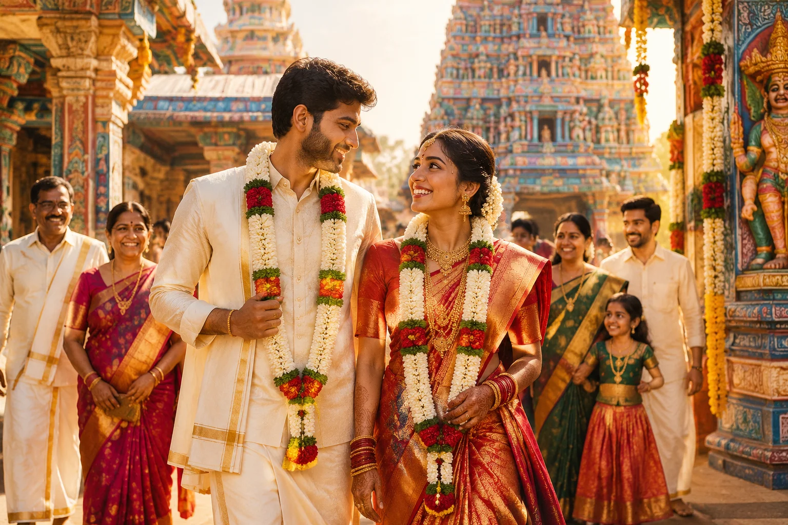 When Did Honeymoons Become A Normal Part Of Getting Married? 9 A bride and groom in India visiting a colorful temple after their wedding, traditional attire, family in the background, warm golden light.