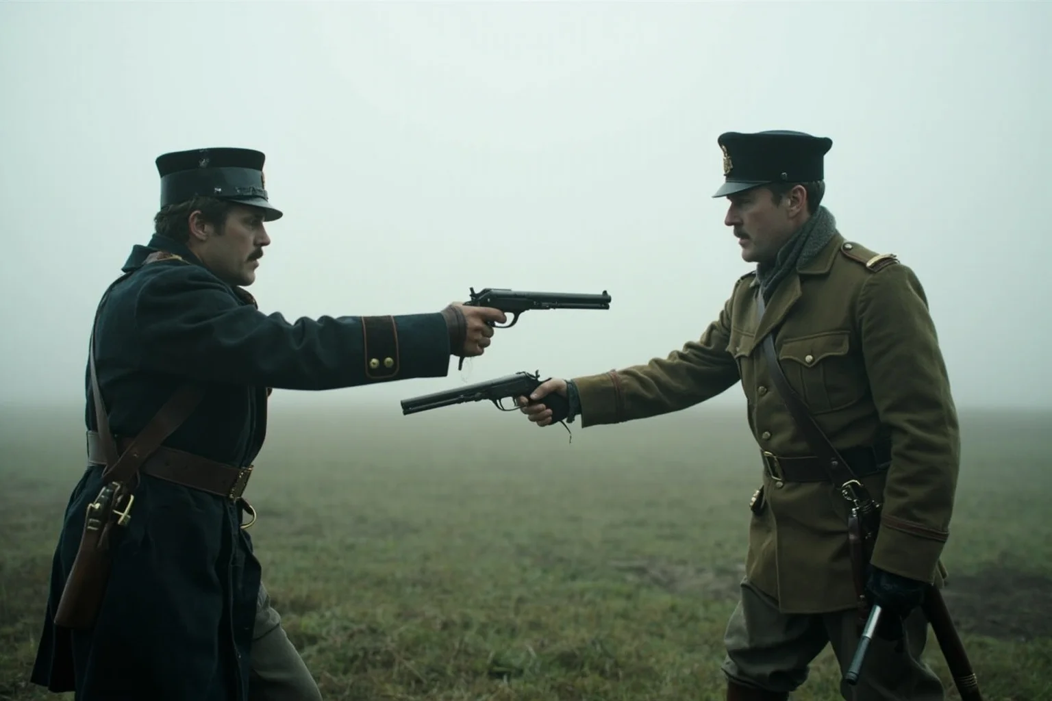 A British officer and an Irish gentleman facing each other with pistols in a foggy field, 19th-century military uniforms.
