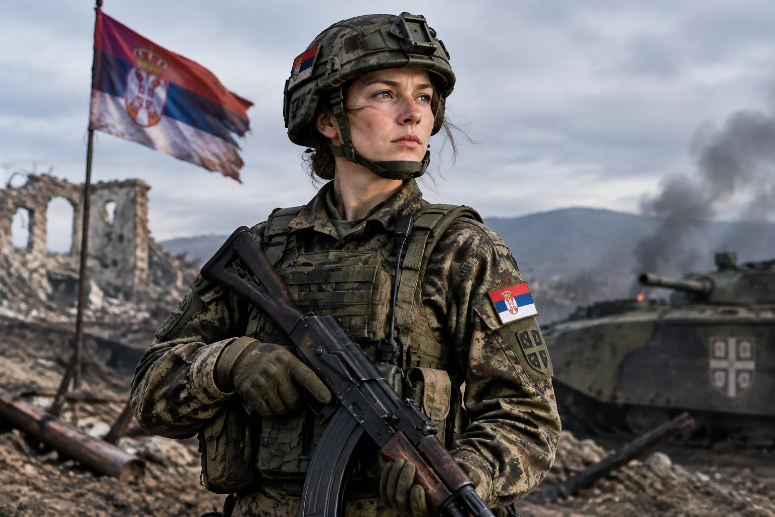 A British woman soldier in Serbian military uniform, standing proudly on a battlefield, with a rifle and determined expression, safe for work.