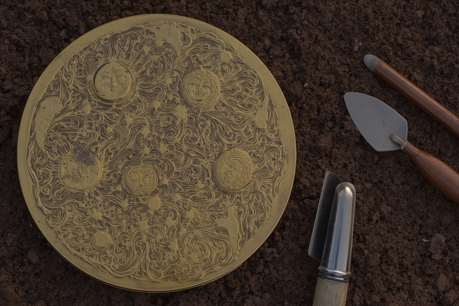 A bronze disk with gold appliqués depicting the sun, moon, and stars, resting on a bed of soil, with a trowel and brush nearby, photorealistic.