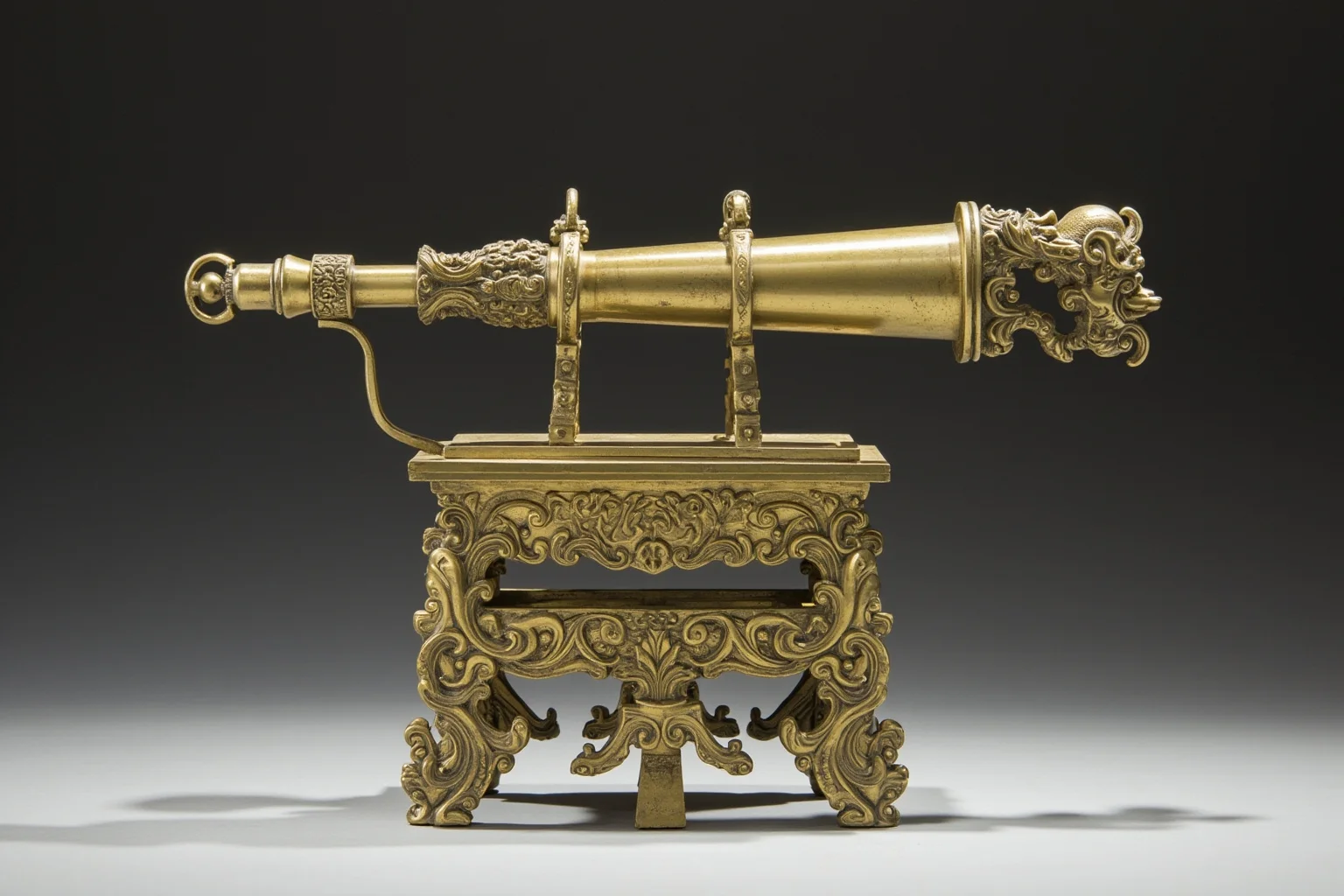 A bronze Han dynasty seismoscope with dragon heads and toads, displayed on a table