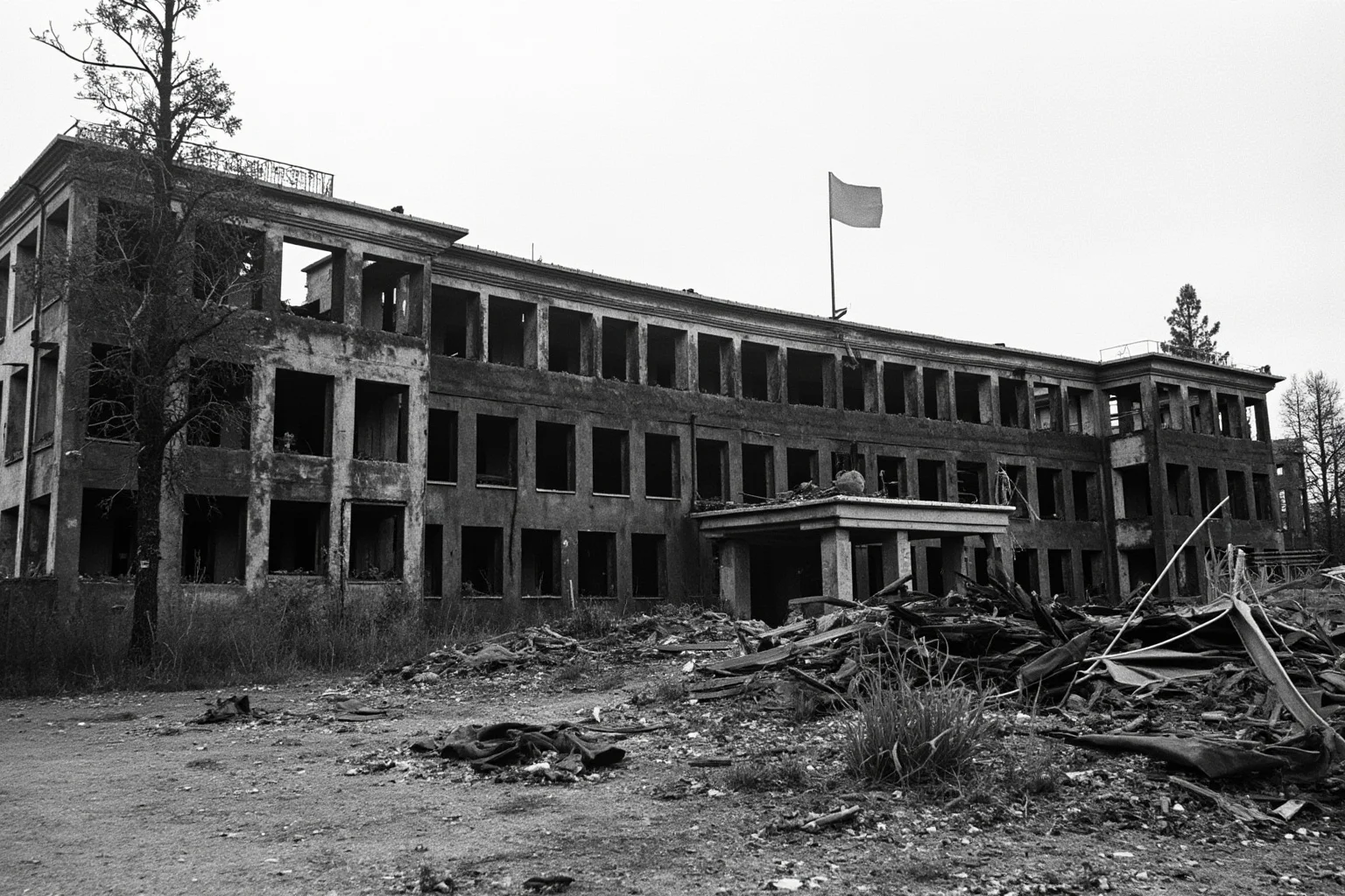 22 Evil Dictators Who Were Eventually Overthrown 17 A burned-out Balkan parliament building with a single flag, 1990s war aftermath, no identifiable people.