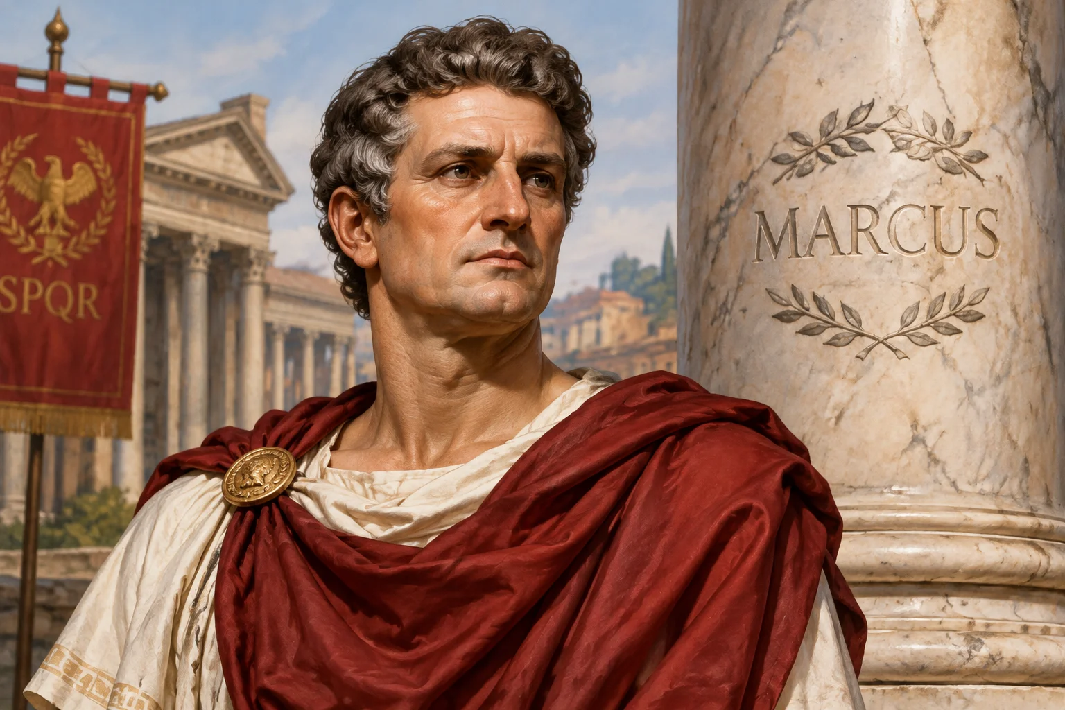 23 Best Roman Names: Ancient Rome's Most Popular Names 4 A bust-style illustration of a Roman senator with the name Marcus carved on a marble pillar, Roman Republic era, historical art