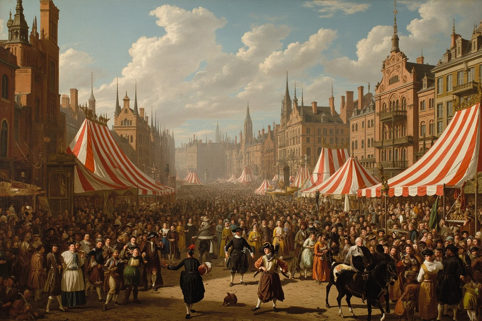 A bustling seventeenth-century London street fair with striped tents, jugglers, pie stalls and crowds in period dress, warm daylight, lively painterly style.