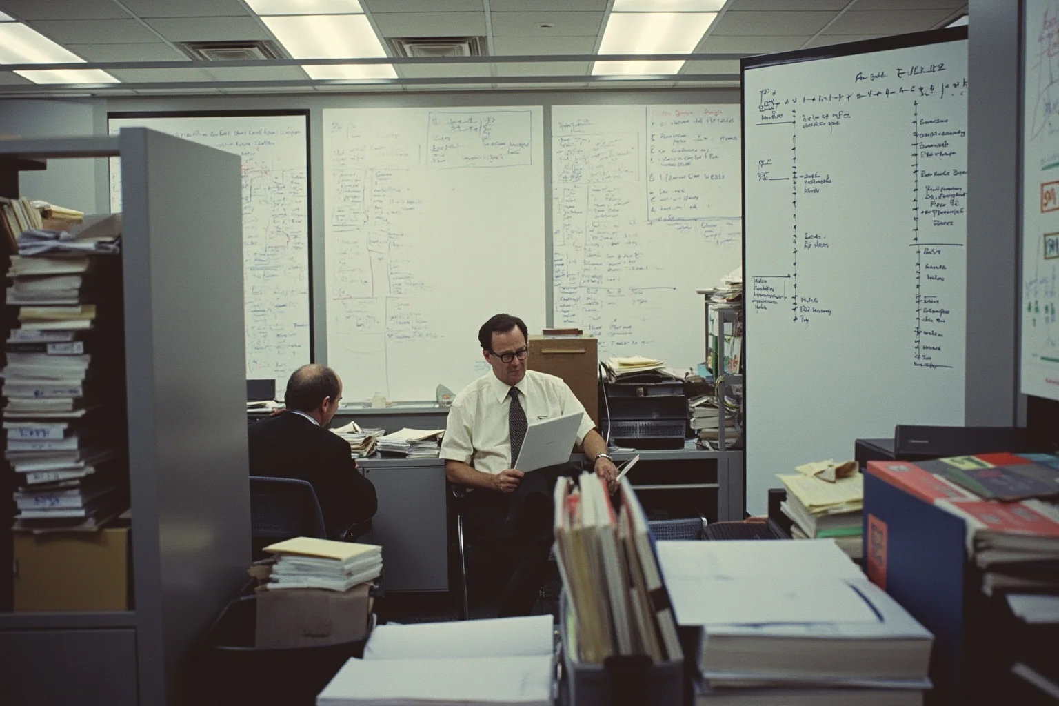 A busy 1990s consulting office with whiteboards covered in project timelines, cubicles, and stacks of binders labeled with Y2K project codes