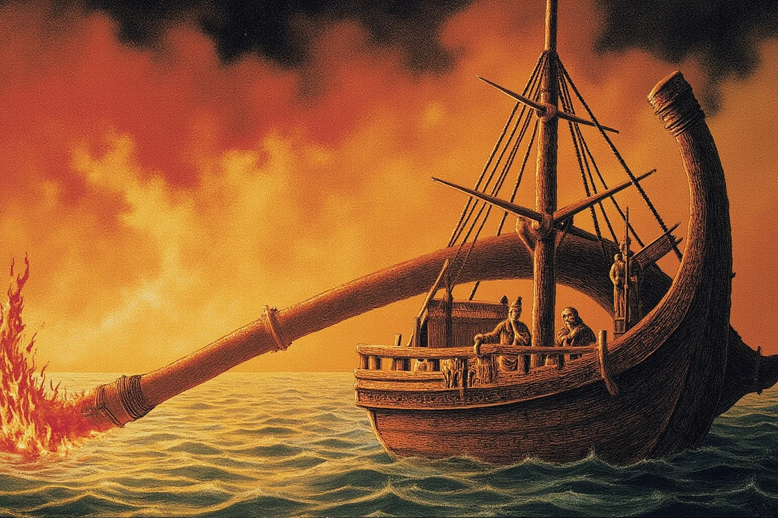 A Byzantine ship deploying a siphon that projects a stream of burning liquid onto the water, dramatic fiery scene, historical illustration style.