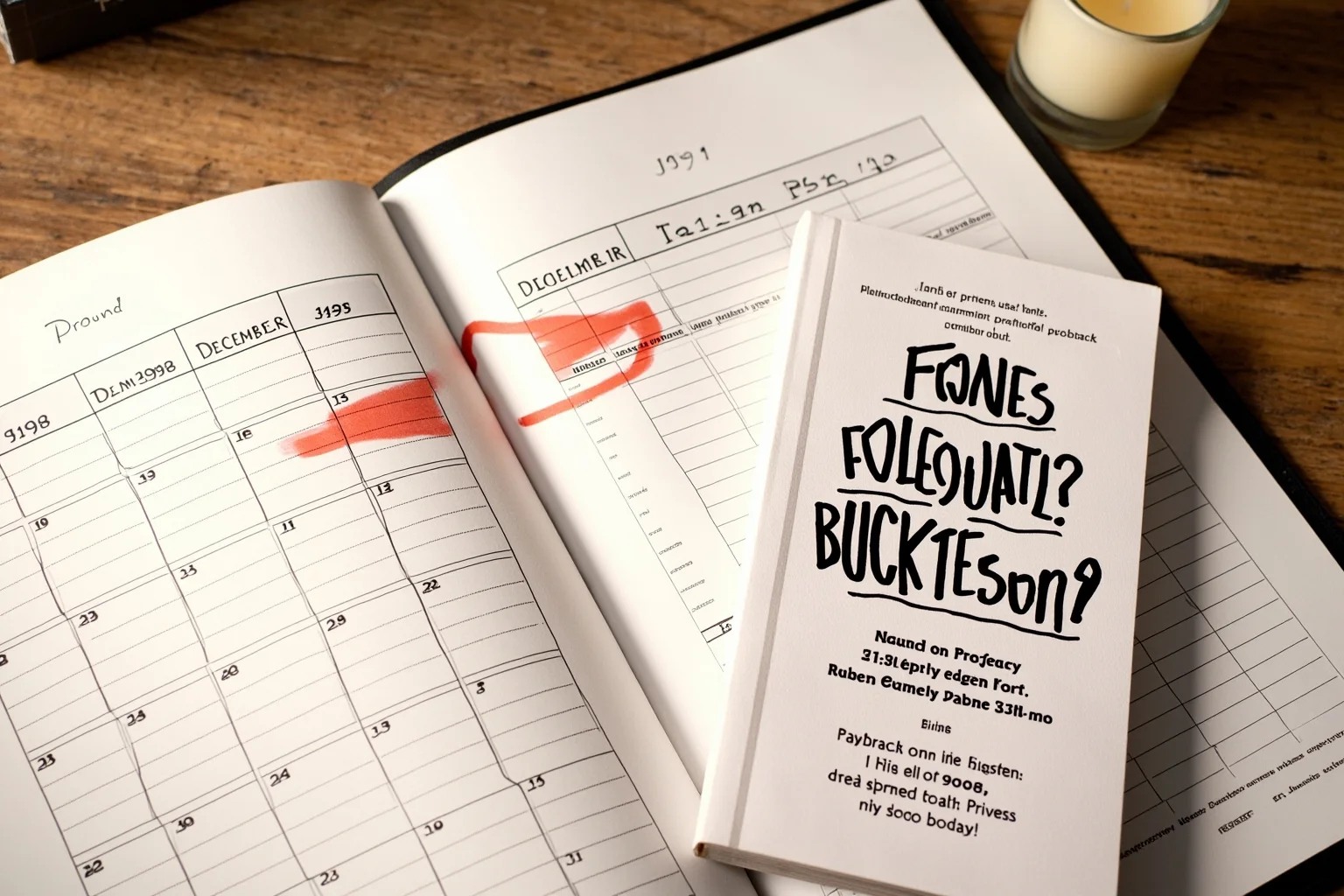 A calendar page showing December 1999 with the final date circled in red, an open prophecy paperback and a candle on the table beside it