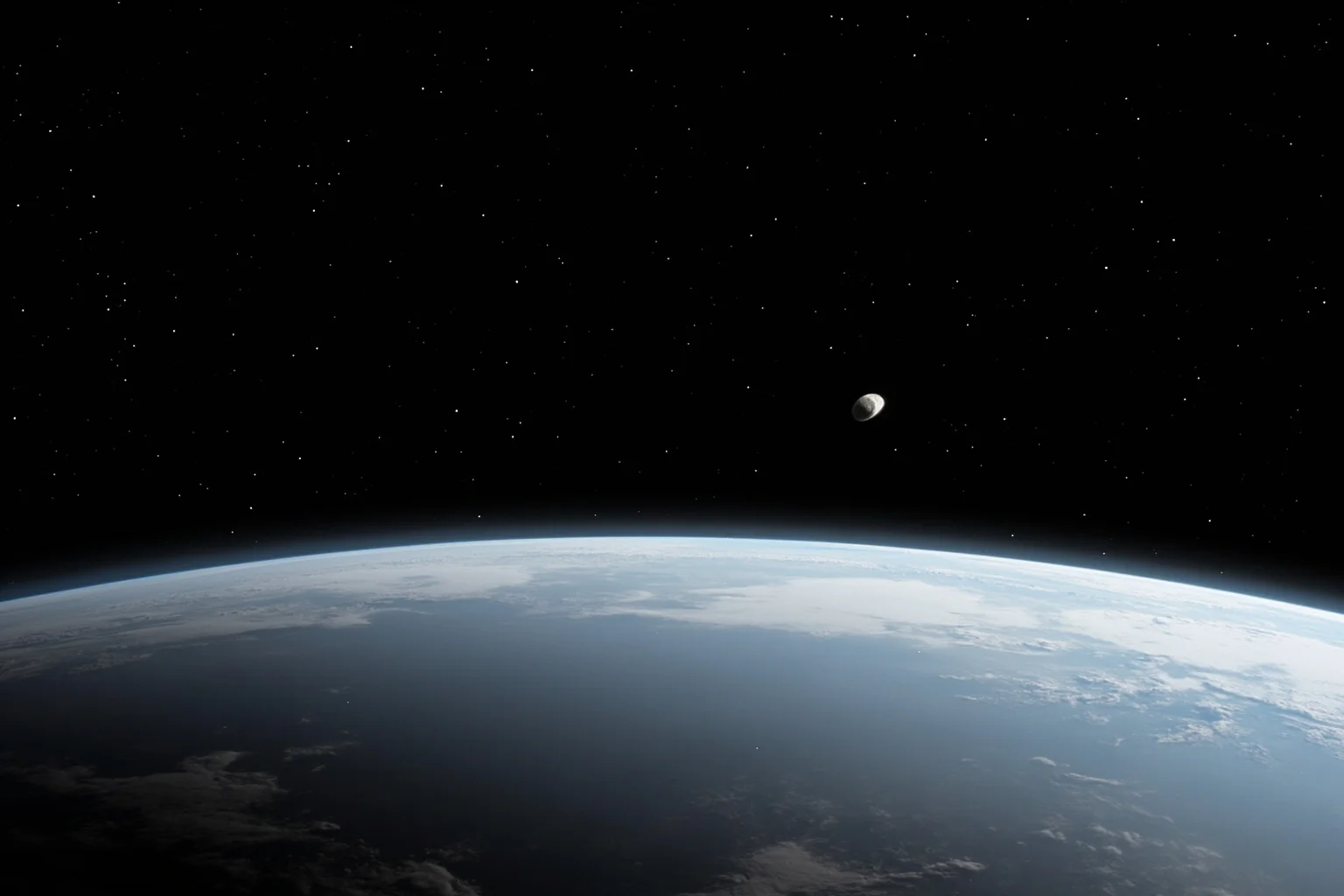 A calm, modern Earth from space with a small asteroid safely passing by in the distance, symbolizing planetary defense and the study of near-Earth objects, hopeful and serene tone.