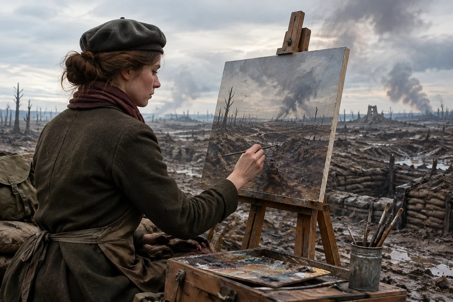 A Canadian woman artist painting a desolate WWI battlefield with a easel and brushes, safe for work.