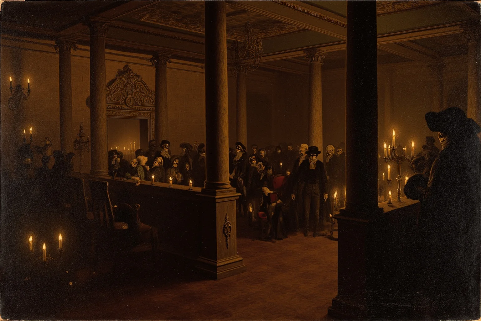 The Craziest Examples of the Butterfly Effect Throughout History 16 A candlelit 18th-century masquerade ballroom illustration with masked figures and a small group of noble conspirators whispering in a corner, an ominous atmosphere but no depicted violence.