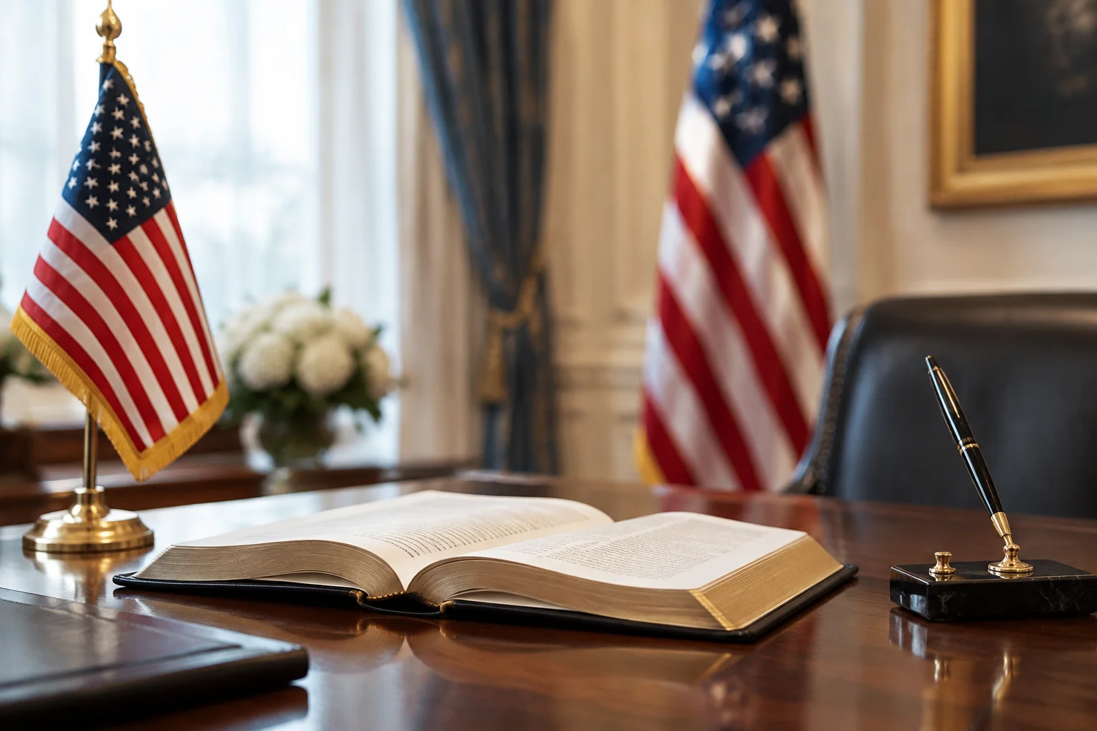 The Election Decided By A Dead Man: The True Story of Missouri's 2000 Senate Race 15 A ceremonial swearing-in setting suggested by an open book and a flag on a desk, no people shown.
