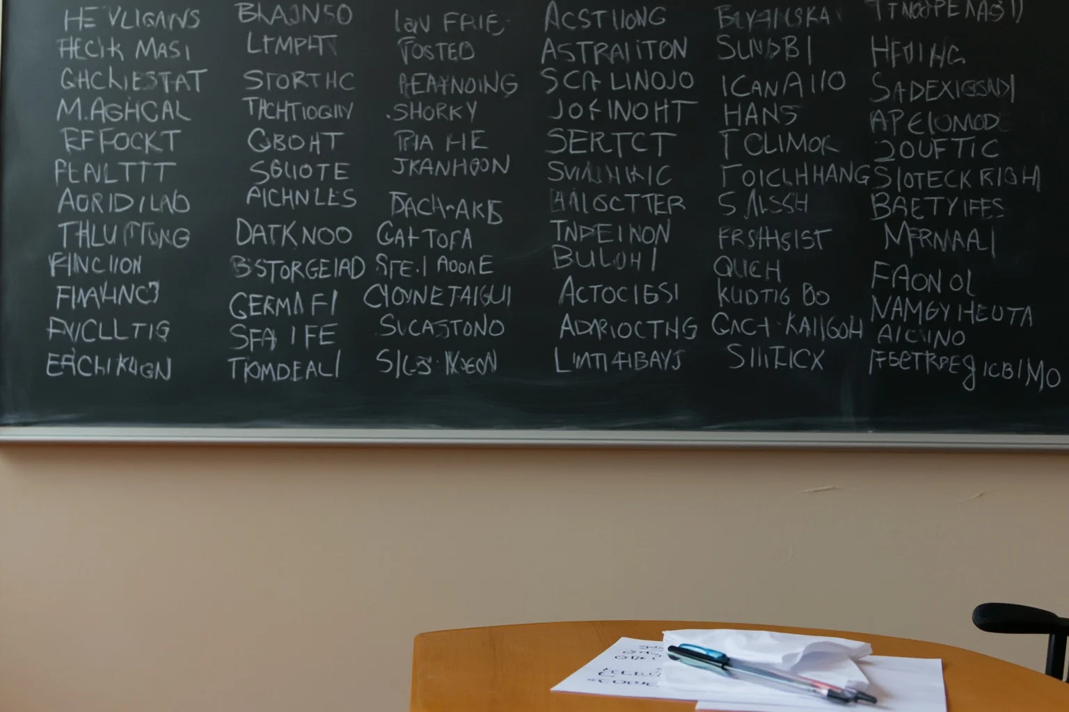 A chalkboard covered in Greek and Latin phrases beside a desk with two pens and two sheets of paper, no people.