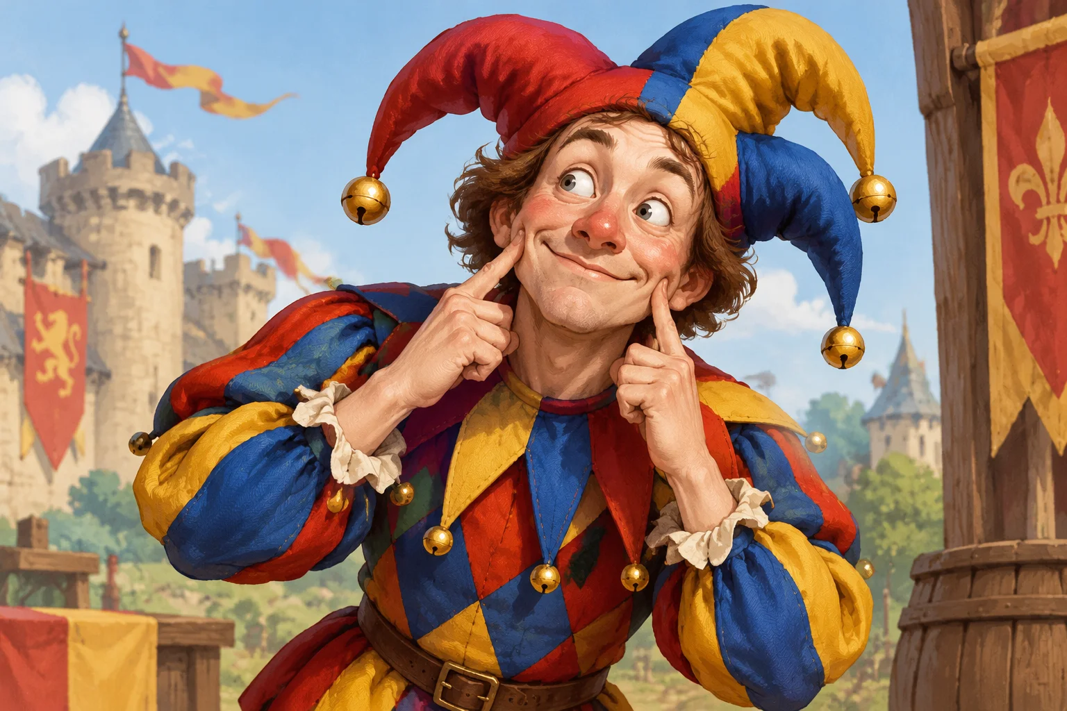 A cheerful court jester in colorful medieval clothing with a slightly foolish expression, stylized illustration.