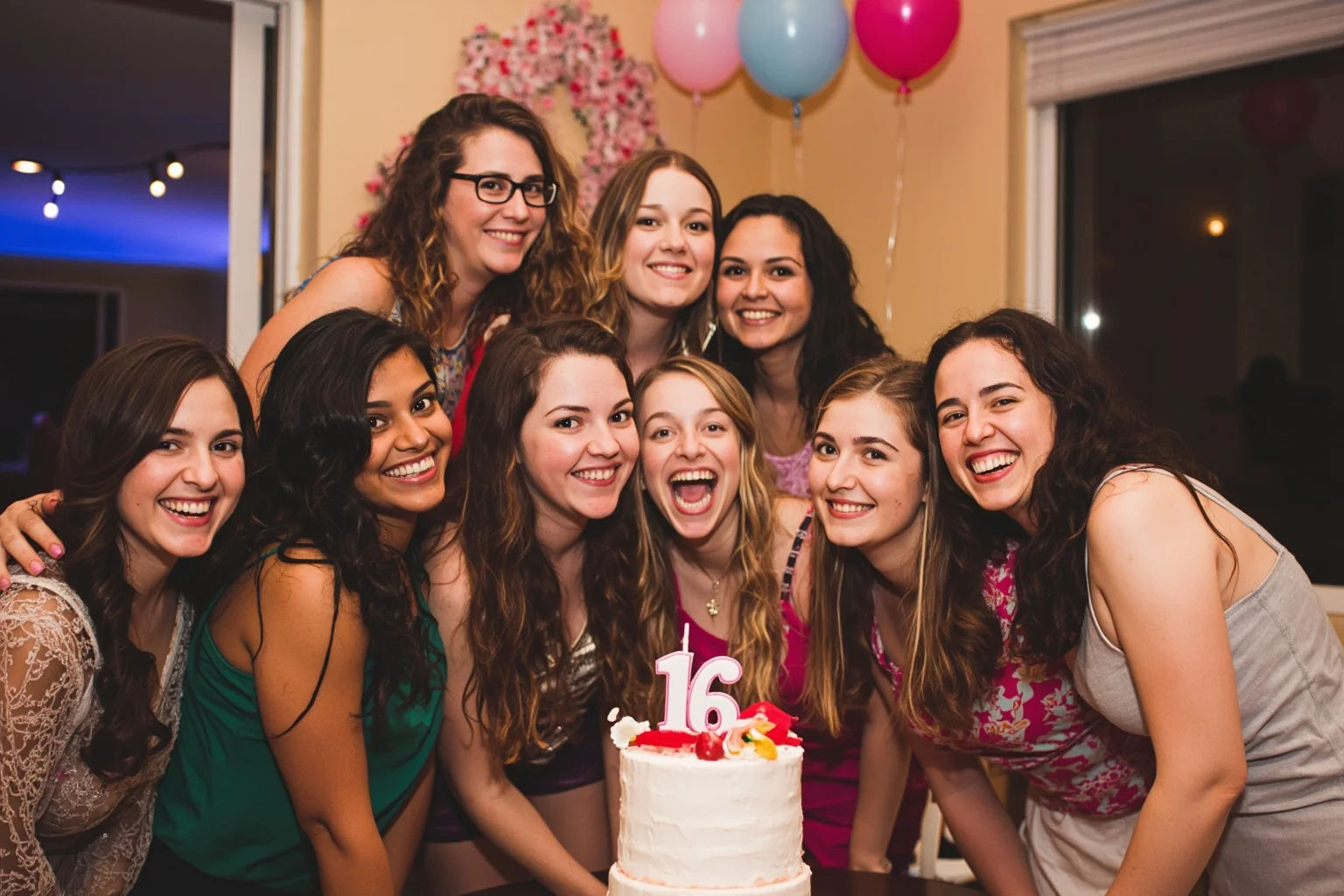 A cheerful group of teenagers at a Sweet Sixteen party with balloons, a tiered cake with sixteen candles, and string lights