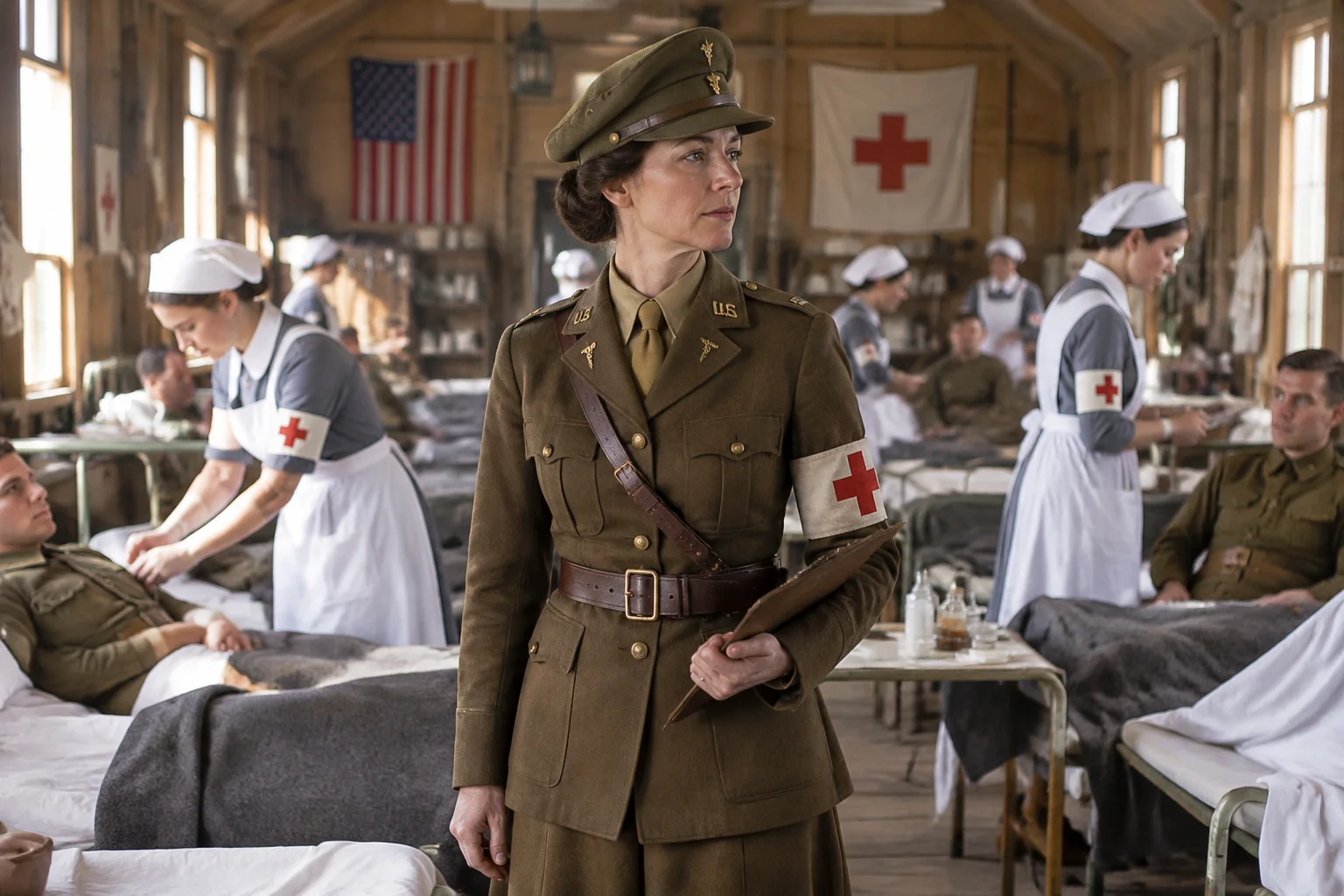 A chief nurse in a U.S. Army uniform from WWI, overseeing a hospital ward with nurses and soldiers, safe for work.