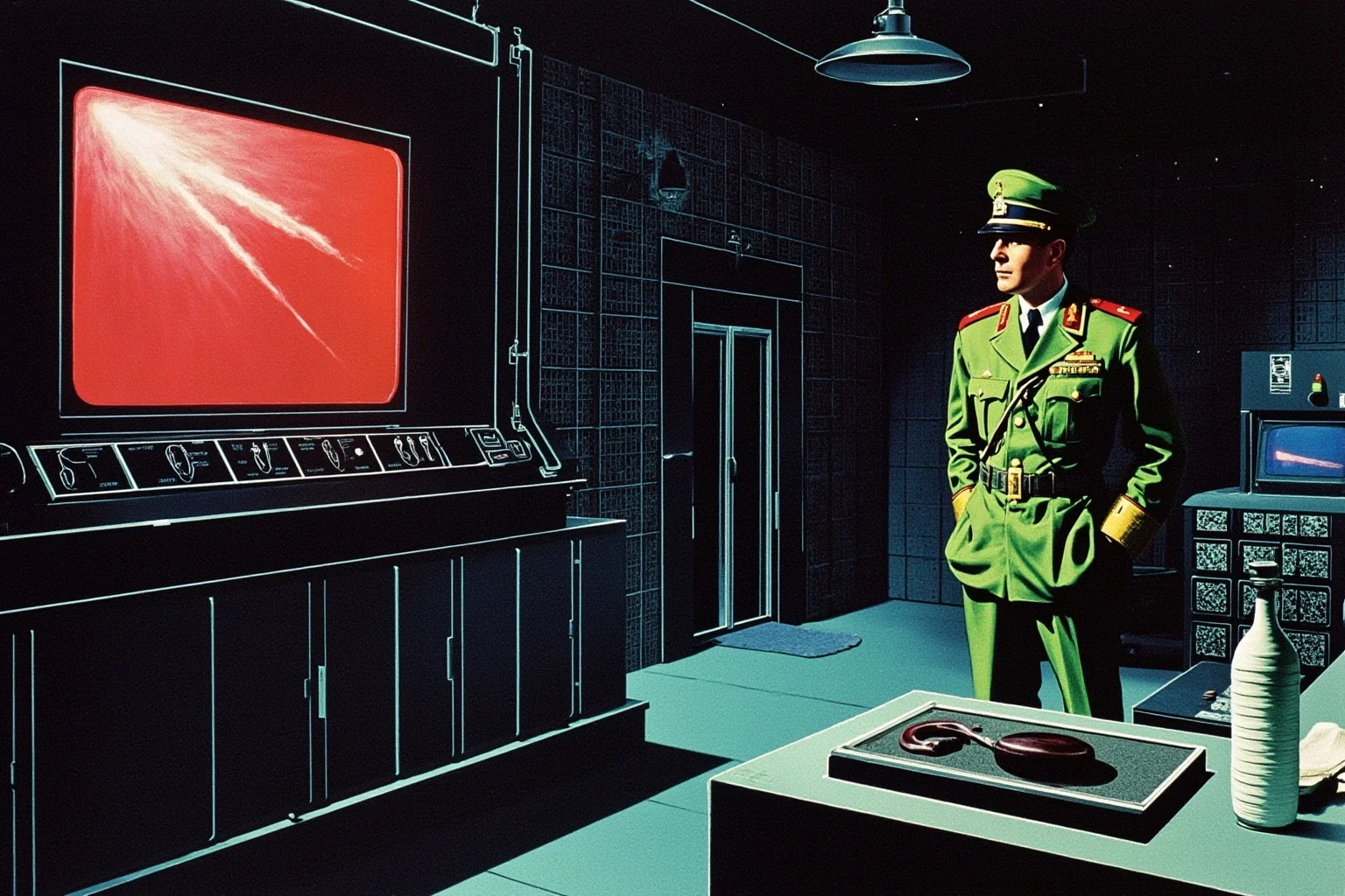 The Craziest Examples of the Butterfly Effect Throughout History 21 A chilling 1983 Cold War bunker illustration of a Soviet early-warning control room with a red missile alert on a screen, a single officer in uniform standing calmly before the console.
