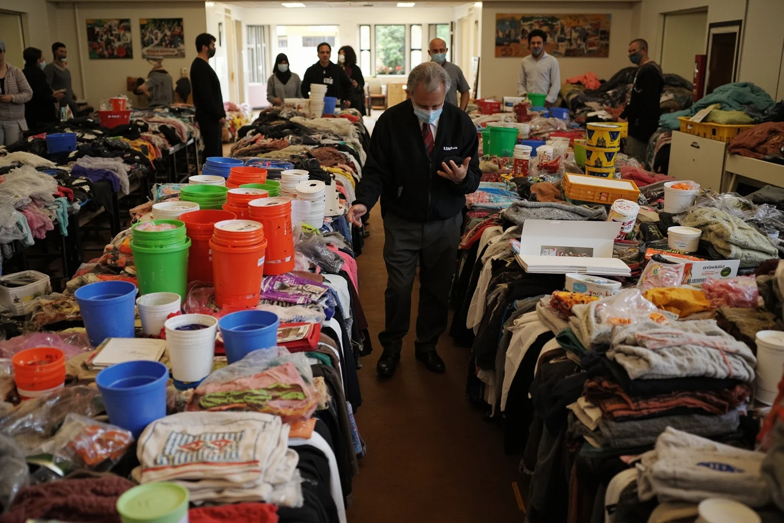 A church basement where volunteers distribute clothing and food to people in need.