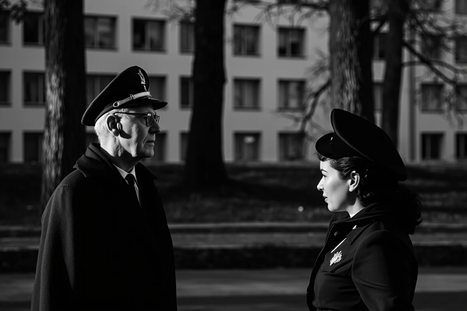 A CIA officer meeting a Soviet contact in a park, shadowy.