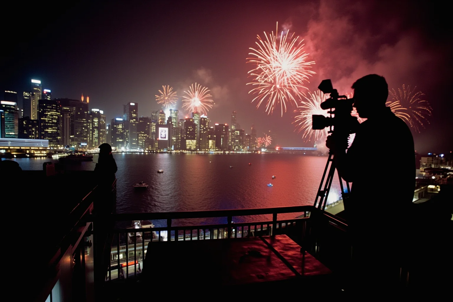 A city skyline at midnight on New Year's Eve 1999 with fireworks over a harbour and a broadcast camera crew filming from a rooftop