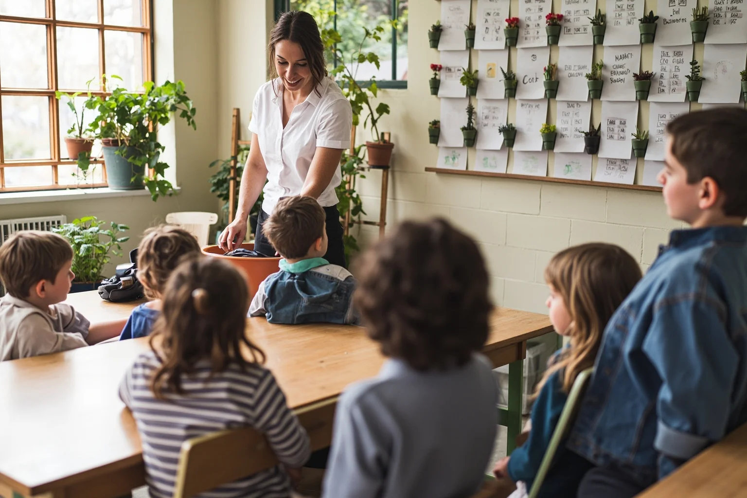 A classroom of children learning thrift and gardening skills, with a teacher pointing at a chart.