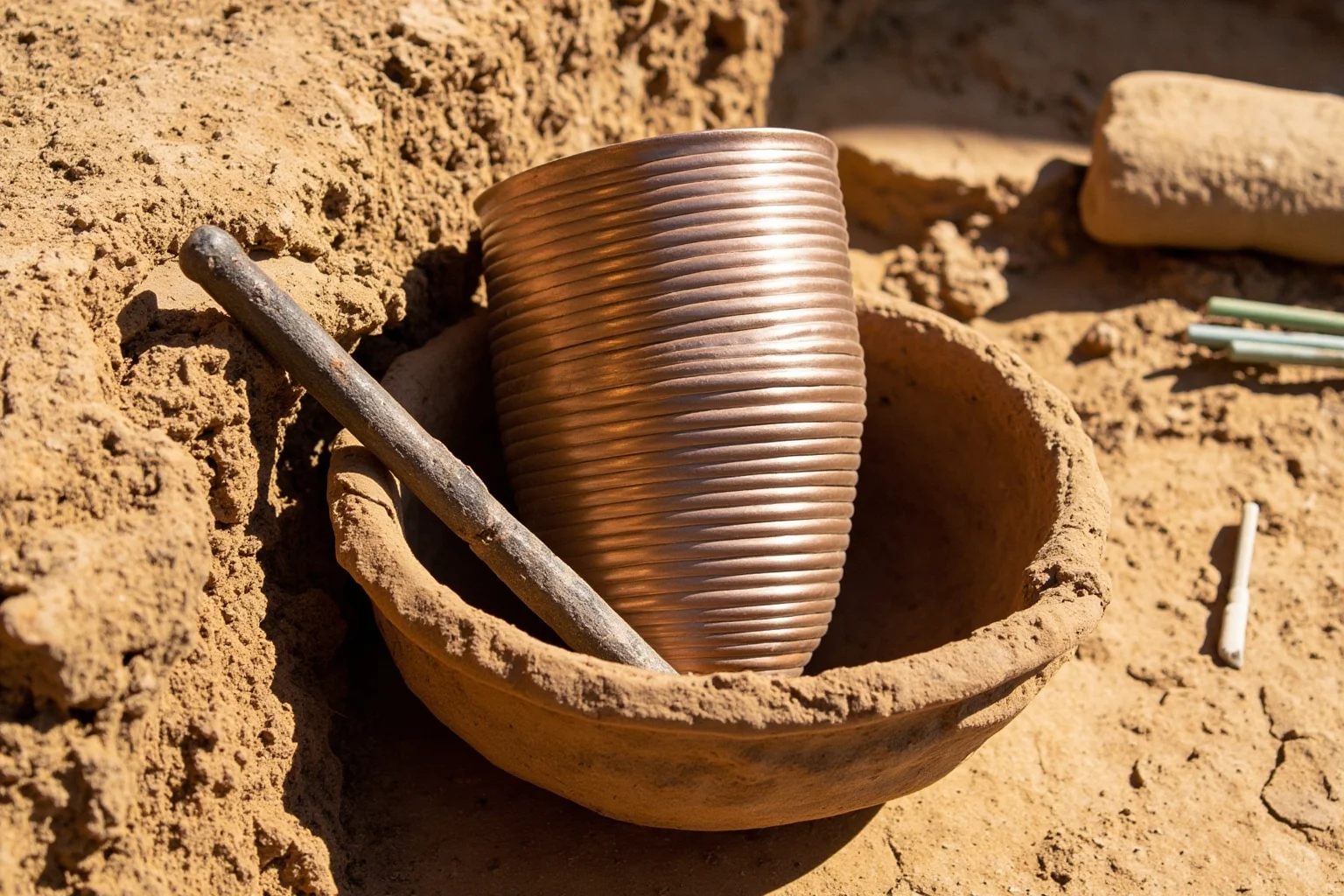 A clay jar containing a copper cylinder and an iron rod, partially excavated from sandy soil, with archaeological tools nearby, warm sunlight.