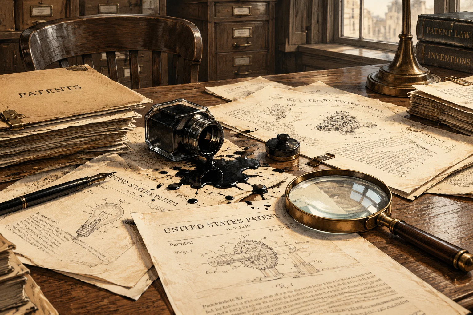 A clerk's desk covered in patent papers with a spilled inkwell and a magnifying glass, vintage office illustration