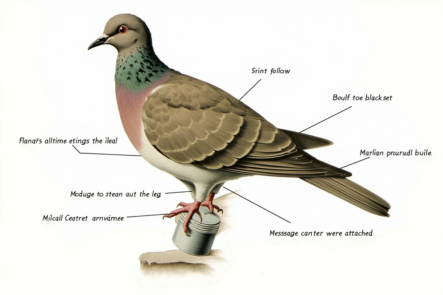 A close-up educational illustration of a rock dove (Columba livia) with labeled features showing how message canisters were attached to the legs