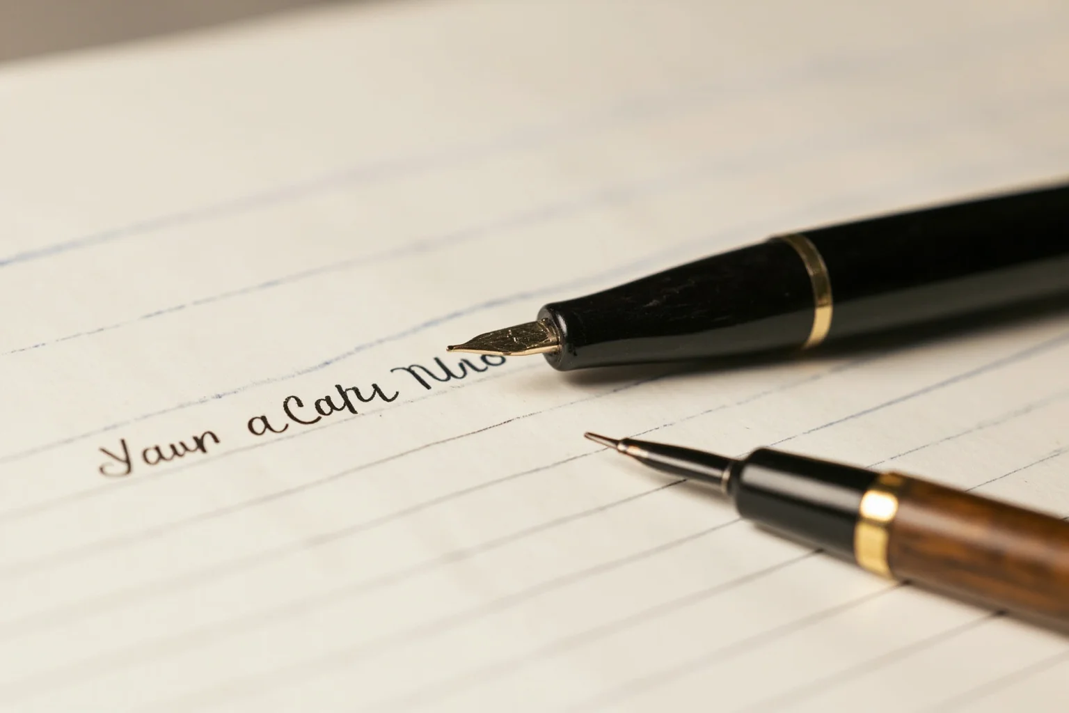 A close-up of a 1940s ballpoint pen writing on paper, with a fountain pen beside it, still life
