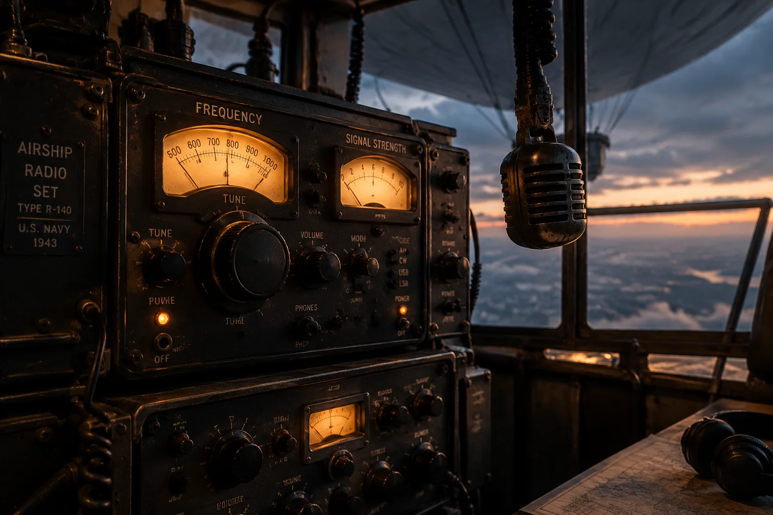 Ghost Blimp 1942: The WWII Blimp That Landed in San Francisco Without a Crew 3 A close-up of a 1940s radio set inside a blimp gondola, dials glowing, with a microphone hanging, evoking the final transmission.
