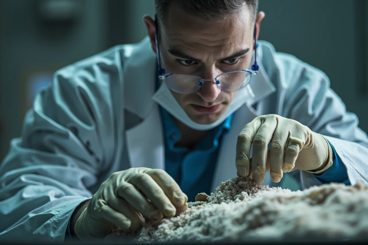 Tzi The Iceman's Curse: How Ötzi Really Died and Why the Legend Endures 2 A close-up of a forensic scientist examining a frozen ancient body in a laboratory, clinical lighting, respectful and non-graphic composition.