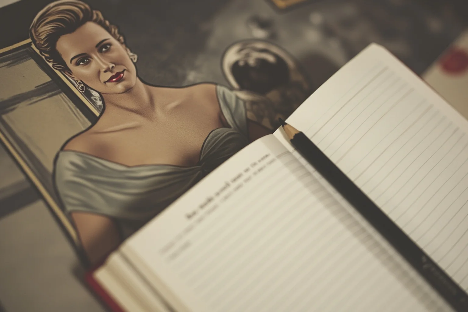 A close-up of a journalist's notebook and pencil beside a 1950s magazine cover concept, muted historical illustration.