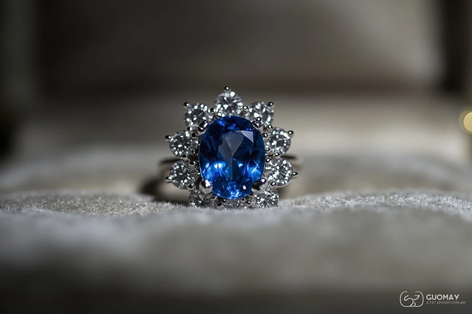 Things To Learn About The Beloved Princess Diana 5 A close-up of a large oval blue sapphire ring surrounded by diamonds on a velvet cushion, elegant studio lighting, no people.