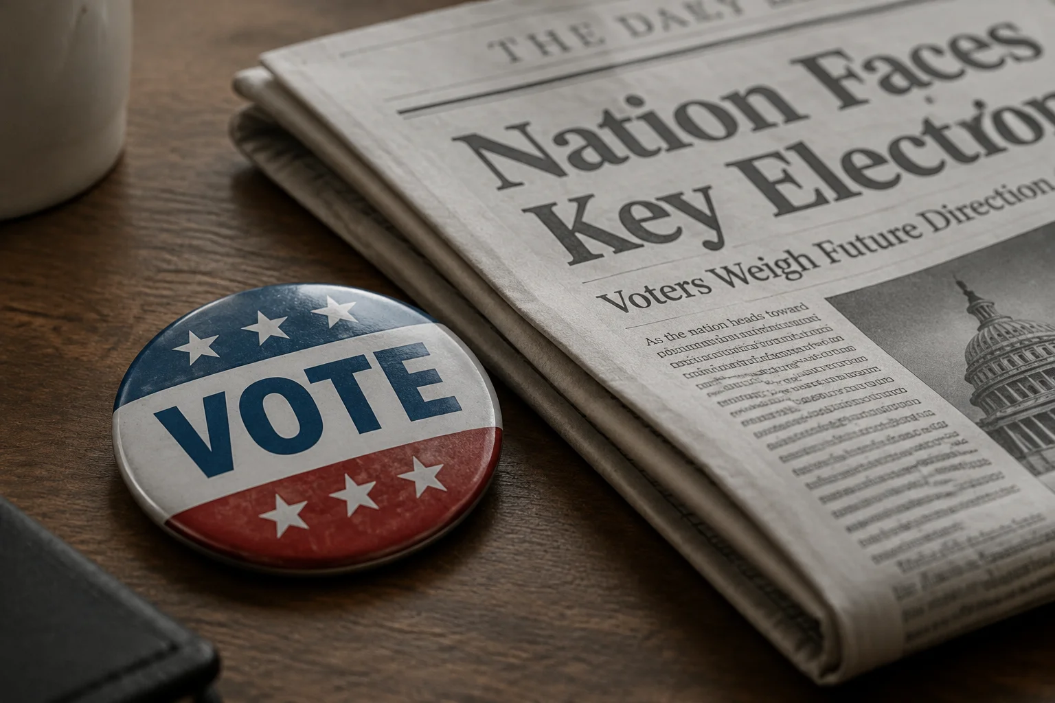 The Election Decided By A Dead Man: The True Story of Missouri's 2000 Senate Race 5 A close-up of a national political campaign button and a folded newspaper headline wrap, generic unreadable text, muted colors.