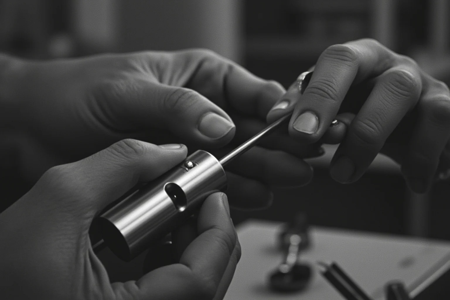 A close-up of a proximity fuze device being assembled by a technician in a wartime factory