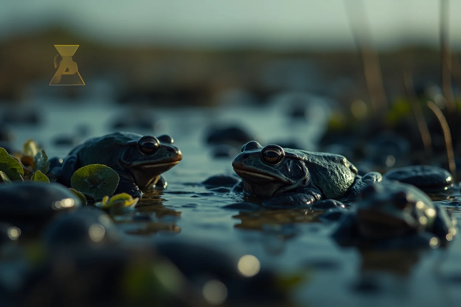 A close-up of dark-colored frogs in a marshy area, with a subtle radiation symbol in the background, scientific illustration style.