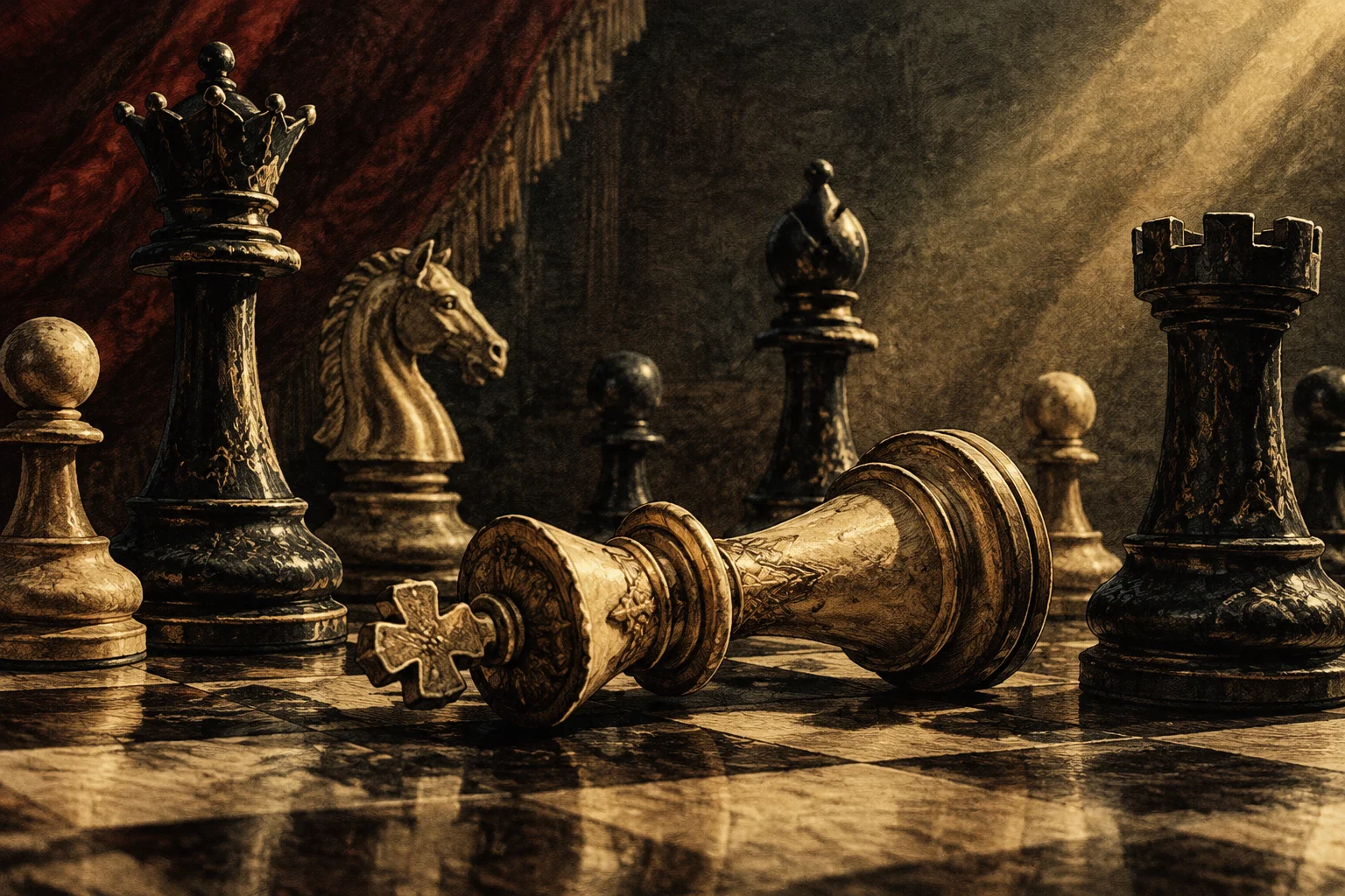 A close-up of ornate chess pieces on a board with the king toppled, dramatic lighting, vintage illustration.
