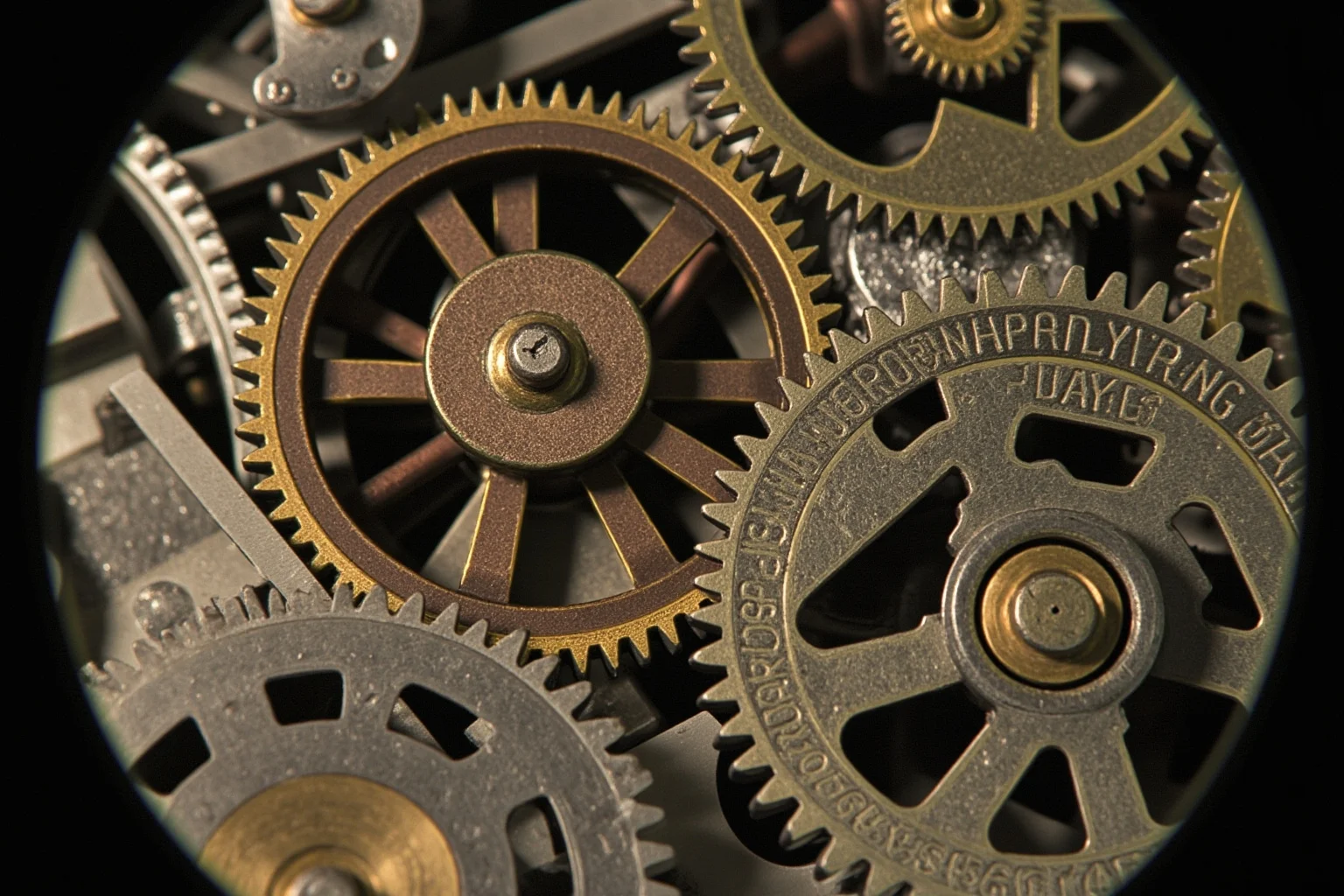 A close-up of the Antikythera mechanism's gears with inscriptions, under a microscope, scientific imaging setup.