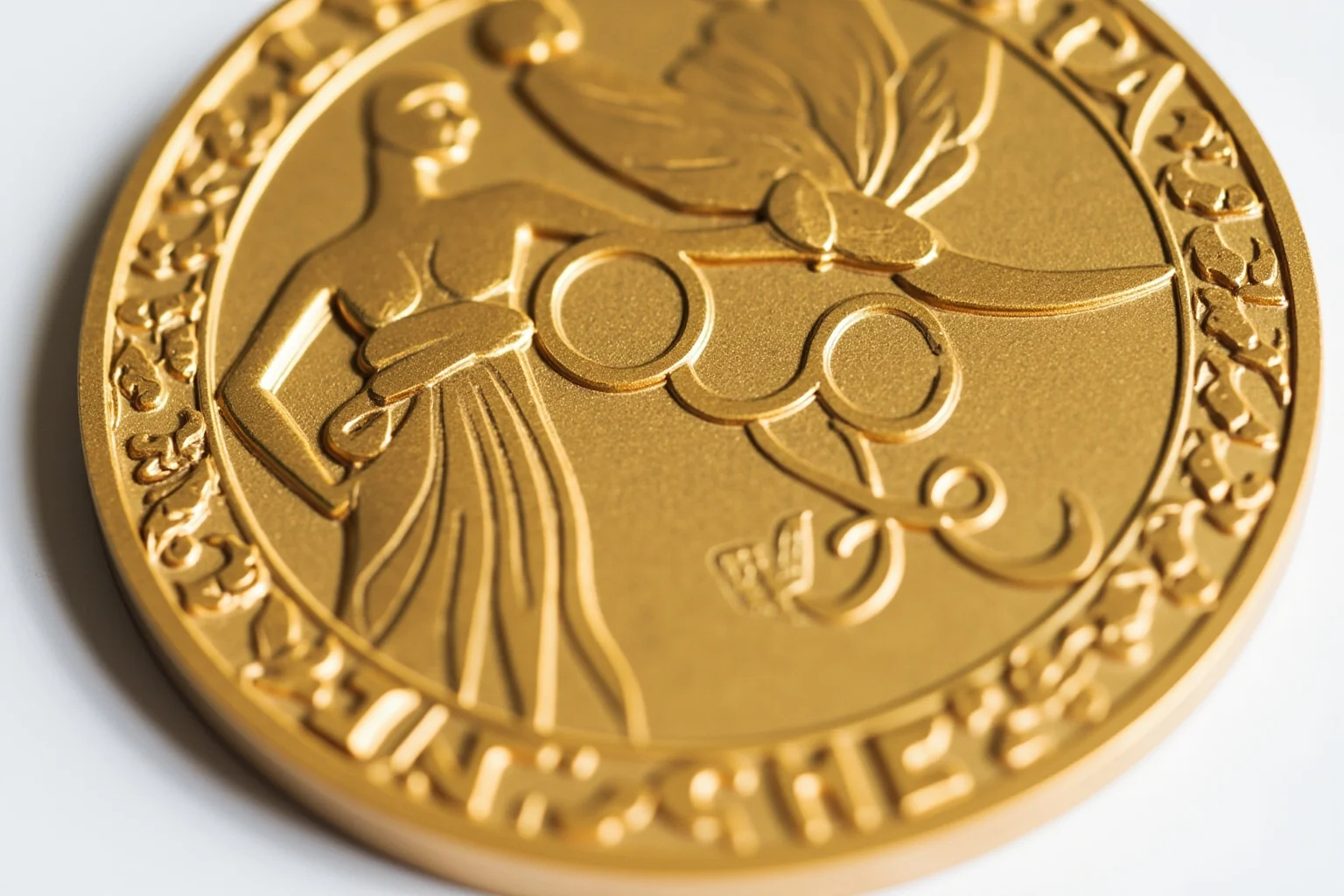 The Weird History of Olympic Medal Designs 19 A close-up of the front of a modern Olympic medal showing the goddess Nike and Olympic rings.