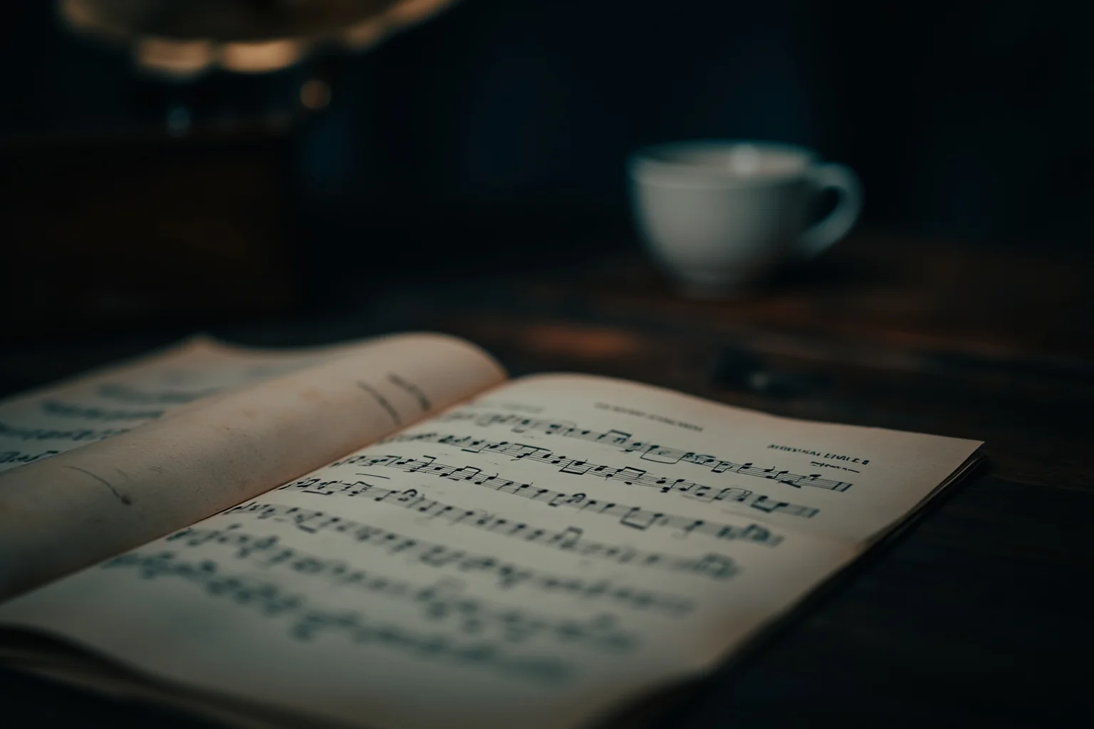 Gloomy Sunday: The Infamous Hungarian Suicide Song and the Myth Behind It 2 A close-up still life of aged sheet music with handwritten musical notation on a wooden table, beside a vintage 1930s gramophone and a small cup of coffee, moody low-key lighting, muted browns and deep blues.