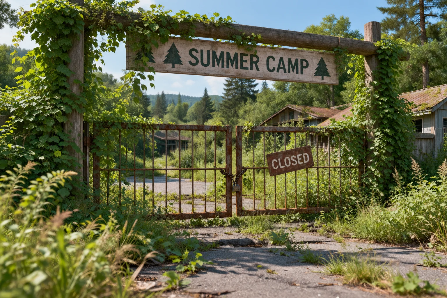The Horrifying Camp Scott Incident That Still Haunts Oklahoma 6 A closed summer camp entrance with overgrown vegetation, showing the aftermath.