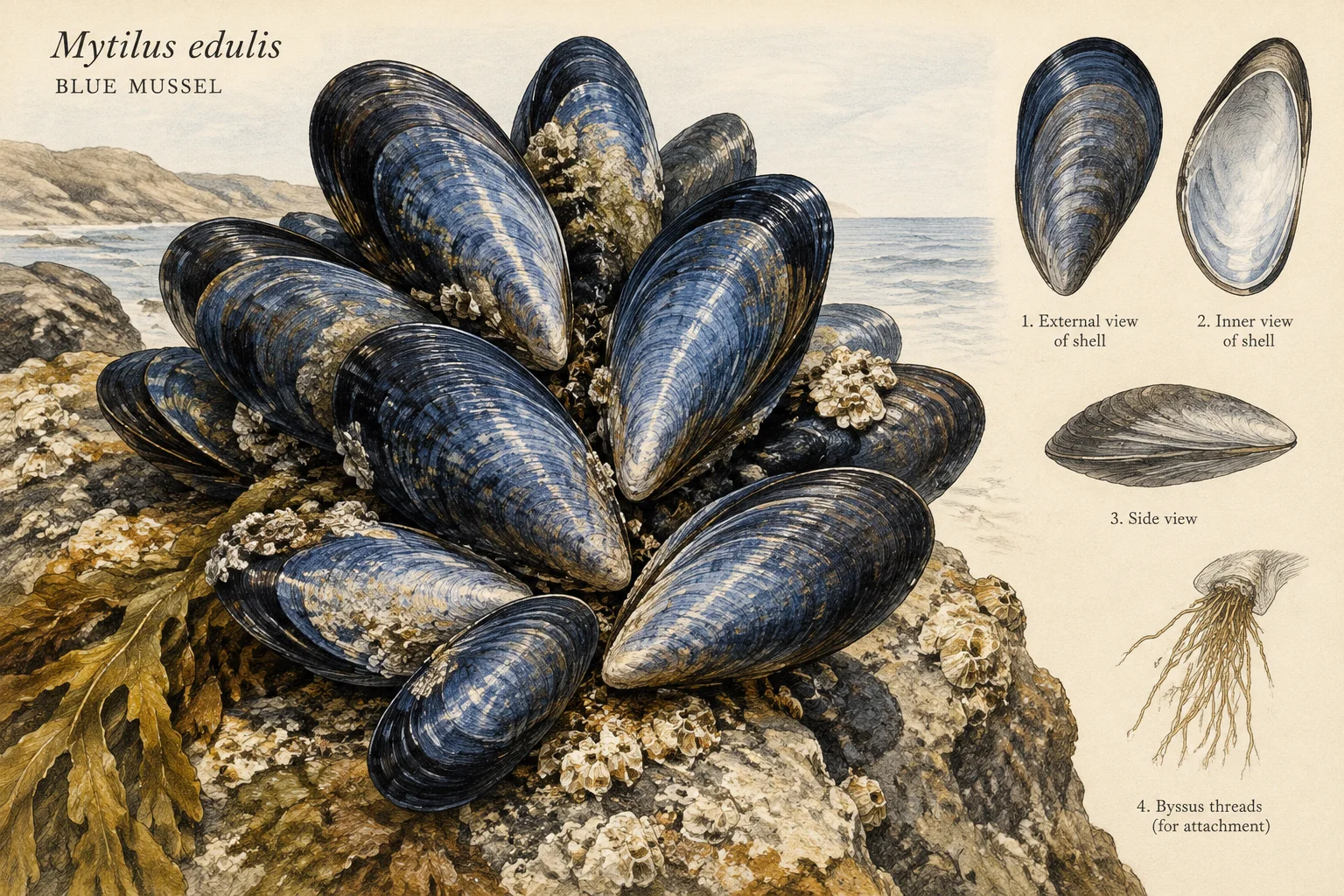 A cluster of blue mussel shells on a rocky shore, detailed vintage natural-history illustration.
