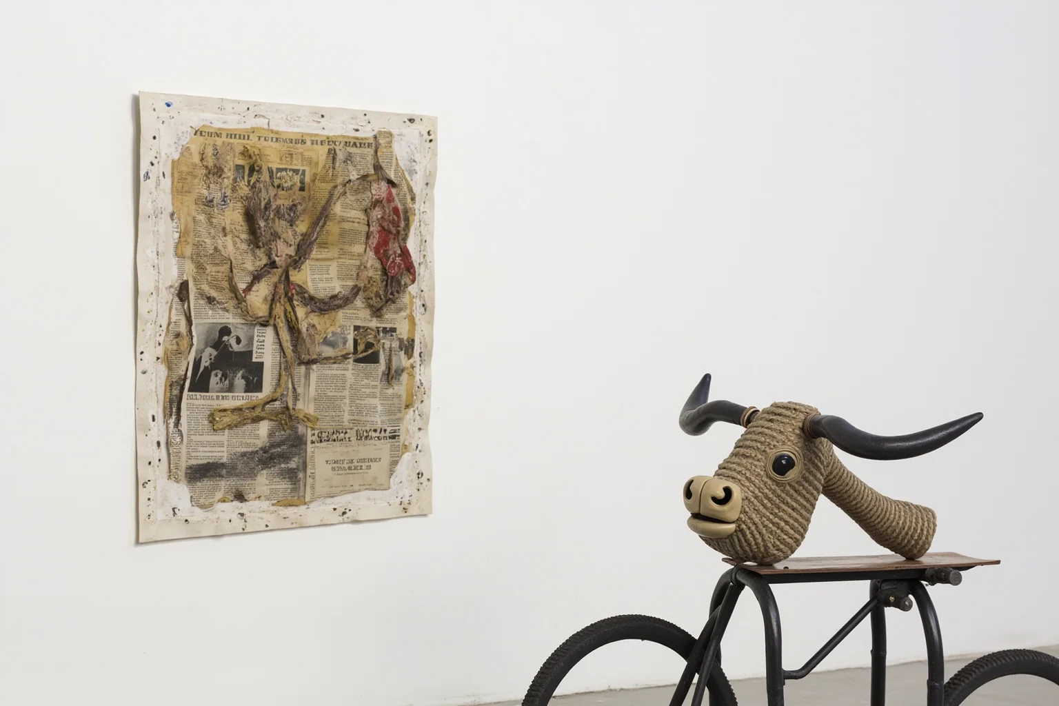 A collage of oilcloth, rope, and newsprint pasted on a canvas, with a bicycle seat and handlebars sculpted into a bull's head on a table nearby